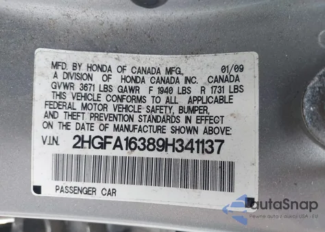 2009 Honda Civic Vp from USA, damaged, VIN 2HGFA16389H341137